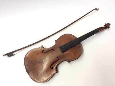 Lot 1115 - Antique Violin and bow, with paper label to interior 'Copie de Lofredus Cappa in Saluzzio Fecit Anno 1640'