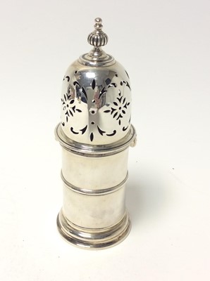 Lot 220 - George V silver sugar caster of lighthouse from, plain body with central band of decoration, with pierced cover with bayonet fitting, (London 1914) maker, Pairpoint Brothers, 10oz