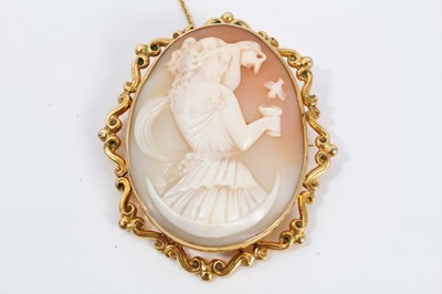 Lot 325 - Good 19th century cameo of large size, depicting young lady with dove. All set in shaped gold surround with safety chain.