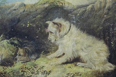 Lot 635 - Attributed to Edward Armfield oil on canvas - terriers at a hole, in gilt frame