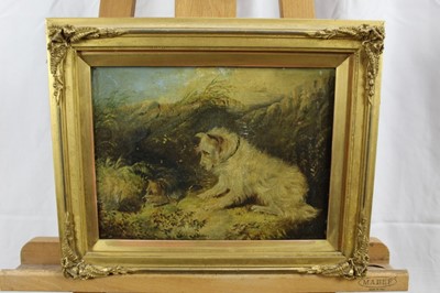 Lot 635 - Attributed to Edward Armfield oil on canvas - terriers at a hole, in gilt frame