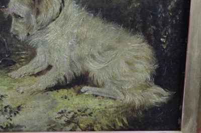 Lot 635 - Attributed to Edward Armfield oil on canvas - terriers at a hole, in gilt frame