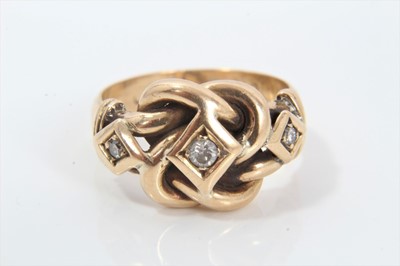 Lot 287 - Late Victorian 18ct gold and diamond gypsy ring with three old cut diamonds in entwined gold knot on plain shank, Chester hallmarks, ring size L½.