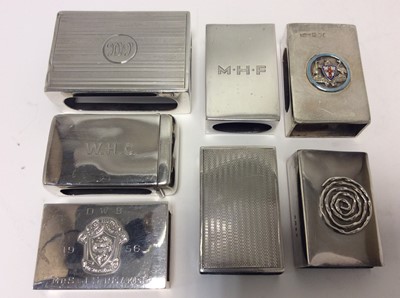 Lot 140 - George V silver match box cover of conventional form, with hinged cover and engraved initials (Birmingham 1920), together with six other silver match box covers (various dates and makers) all at ap...