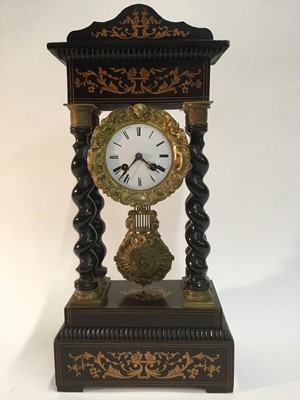 Lot 614 - 19th century French ebonised architectural mantel clock, with pendulum and key