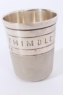 Lot 277 - Unusual Victorian novelty silver spirit measure in the form of a thimble, engraved 'Just a thimble full' (London 1877), maker George Unite, 5.3cm in overall height