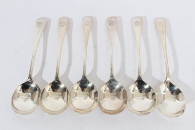 Lot 290 - Set of six Edwardian silver Old English pattern soup spoons, with engraved initials, (Sheffield 1909), maker Walker & Hall, all at 13oz, 19cm in length
