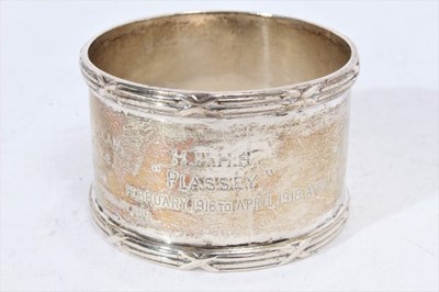 Lot 276 - First World War interest- Edwardian silver napkin ring, engraved 'R. J. Willan' and with the names of First World War Hospital ships 'H.M.H.S. Drina, Plassey, Karapara and Haslar' (London 1909)