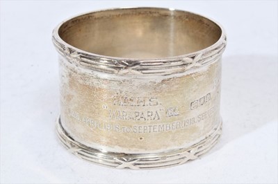 Lot 276 - First World War interest- Edwardian silver napkin ring, engraved 'R. J. Willan' and with the names of First World War Hospital ships 'H.M.H.S. Drina, Plassey, Karapara and Haslar' (London 1909)