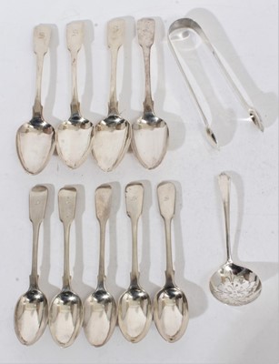 Lot 269 - Three George III silver fiddle pattern desert spoons with engraved initials,  (London 1813), together with other silver fiddle pattern flatware and other items (various dates and makers) 13oz