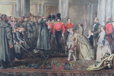 Lot 285 - Large Victorian print after John Gilbert depicting Queen Victoria inspecting wounded Coldstream Guardsmen in the Hall of Buckingham Palace, 22 February 1855, in glazed gilt frame