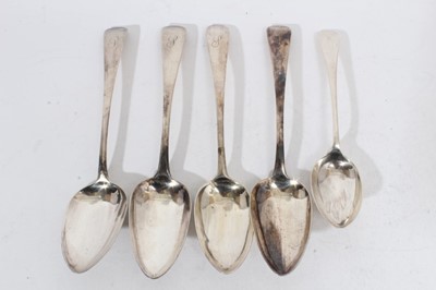 Lot 289 - George III Old English pattern table spoon with engraved initial, (London 1797), together with three similar Georgian table spoons and another silver Old English pattern desert spoon (various dates...