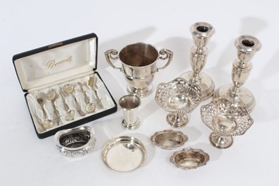 Lot 287 - Victorian silver two handled trophy cup of conventional form (Sheffield 1897), together with a pair of Edwardian silver bon bon dishes on pedestal bases (Birmingham 1907), a pair of silver candlest...