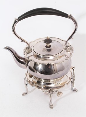 Lot 260 - Early 20th Century Silver plated spirit kettle of cauldron form, with domed cover with ebony finial and handle, separate stand raised on four paw feet and, makers mark to base 'Alexander Clark Comp...