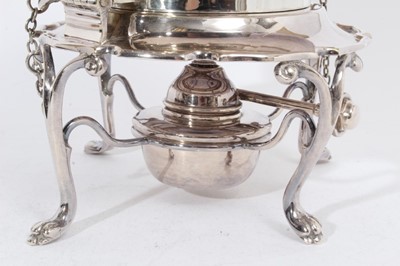 Lot 260 - Early 20th Century Silver plated spirit kettle of cauldron form, with domed cover with ebony finial and handle, separate stand raised on four paw feet and, makers mark to base 'Alexander Clark Comp...