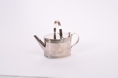 Lot 285 - Early 20th century silver plated watering can of oval form with reeded decoration, hinged cover and swing handle, marks to base for WMF, 0.75L, 19.5cm in length from spout to handle