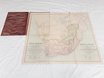 Lot 643 - Map of South Africa, c.1860, by Edward Stanford and dedicated to His Excellency Sir G. Grey KCB, linen-backed, folding inside red boards, inscribed 'South Africa' in gilt to the front, the seal of...