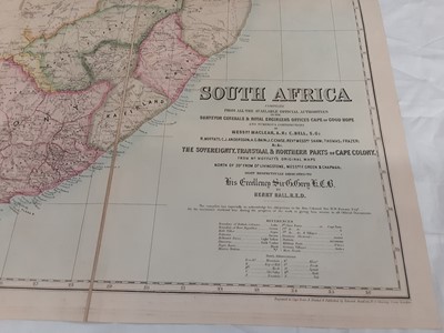 Lot 643 - Map of South Africa, c.1860, by Edward Stanford and dedicated to His Excellency Sir G. Grey KCB, linen-backed, folding inside red boards, inscribed 'South Africa' in gilt to the front, the seal of...