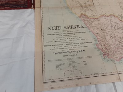 Lot 643 - Map of South Africa, c.1860, by Edward Stanford and dedicated to His Excellency Sir G. Grey KCB, linen-backed, folding inside red boards, inscribed 'South Africa' in gilt to the front, the seal of...