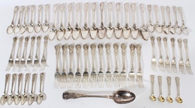 Lot 286 - Good Quality Composite canteen of George IV / Victorian silver King's pattern cutlery, comprising one Basting Spoon, twelve table spoons, twelve desert spoons, six tea spoons and four salt spoons,...