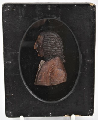 Lot 518 - Georgian wax portrait miniature of William Pitt, profile view, in ebonised frame, the frame measuring 12.5cm x 10cm