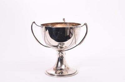 Lot 262 - Elizabeth II silver trophy in the form of a tyg, engraved 'E.R.W. - H.S.W. 1939 - 1964', raised on circular pedestal foot, (London 1963), maker Asprey & Co Ltd, all at 27oz, 21cm in overall height