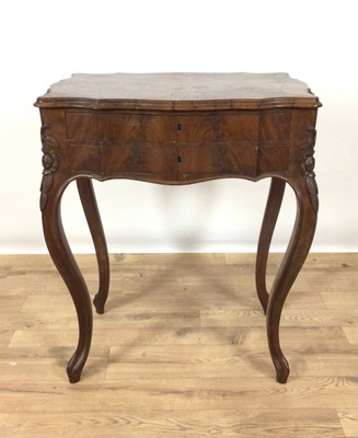 Lot 1338 - Late 19th century mahogany sewing table, the moulded shaped rectangular top above two drawers, carved foliate mounts and cabriole legs, 65cm wide x 46cm deep x 76cm high