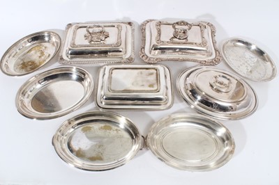 Lot 292 - Near pair of 19th Century silver plated entrée dishes of rectangular form together with a quantity of other silver plated ware to include further entrée dishes, five jugs, salt and pepper mills and...