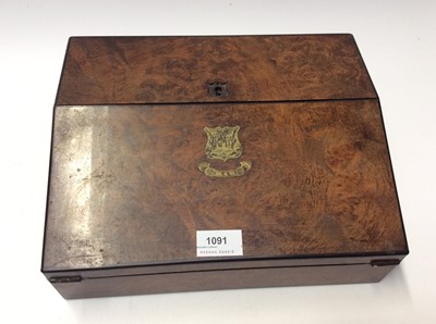 Lot 1091 - Victorian Burr Walnut wiring slope with brass cartouche to lid, lock plate stamped T. Turner, London