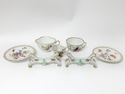 Lot 239 - Pair of 19th century Meissen knife rests with bird and floral decoration and other Meissen and Dresden tea ware