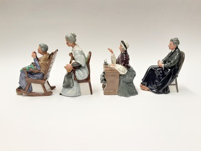 Lot 58 - Four Royal Doulton figures - The Cup Of Tea HN2322, Schoolmarm HN2223, A Stitch In Time HN2352 and Embroidering HN2855