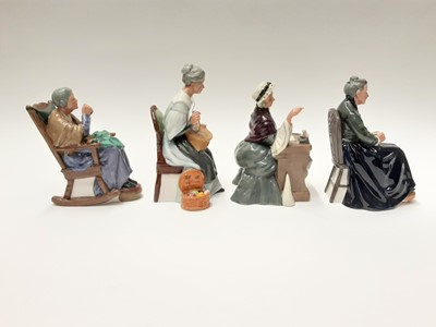 Lot 58 - Four Royal Doulton figures - The Cup Of Tea HN2322, Schoolmarm HN2223, A Stitch In Time HN2352 and Embroidering HN2855