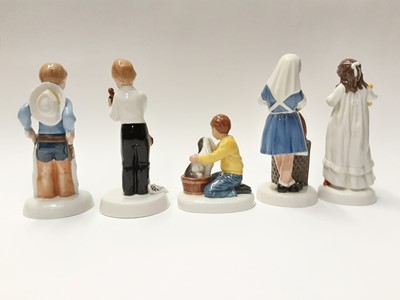 Lot 63 - Five Royal Doulton Childhood Days figures - Please Keep Still HN2967, I'm Nearly Ready HN2976, Stick 'Em Up HN2981, And So To Bed HN2966 and It Won't Hurt HN2963