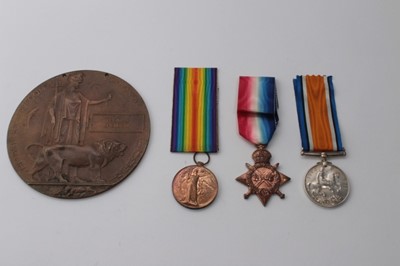 Lot 601 - First World War Memorial (Death) plaque, named to Thomas Sheldon, together with medal trio comprising 1914 - 15 Star named to 13093. PTE. T. Sheldon. W. RID. R., War and Victory medals