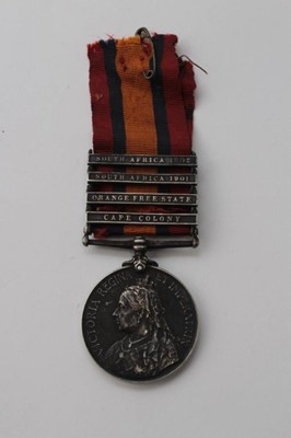 Lot 603 - Queen's South Africa medal with four clasps- Cape Colony, Orange Free State, South Africa 1901 and South Africa 1902, named to 5571 PTE A. Kynman. York & Lanc: Regt.