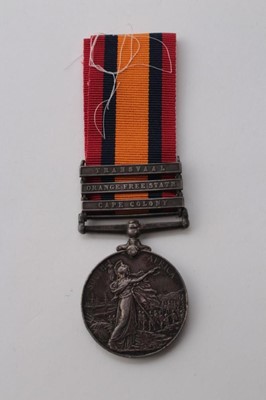 Lot 604 - Queen's South Africa medal with three clasps- Cape Colony, Orange Free State and Transvaal, named to 5448 PTE. T. Hunter 1st Essex. Regt.