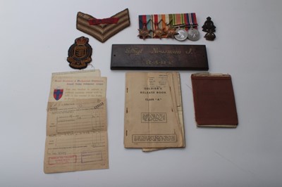 Lot 607 - Second World War medal group comprising 1939 - 1945 Star, Africa Star, Italy Star, Defence and War medals, together with soldiers service and pay book, release book and other paperwork, relating to...