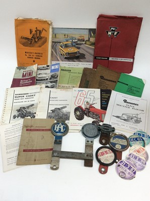 Lot 1226 - Three vintage car badges, RAC, British Field Sports Society and Old Culfordians Motor Club, collection of 13 tax discs 1950s-1990s, service manuals for agricultural machinery to include Massey Harr...