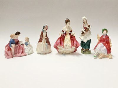 Lot 80 - Five Royal Doulton figures - The Bedtime Story HN2059, Southern Belle HN2229, Lizzie HN2749, Sally HN2741 and Paisley Shawl HN1988