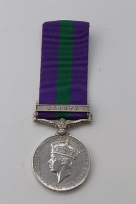 Lot 612 - George VI General Service medal with one clasp- Malaya, named to 21138223 RFN. Bhalluman  RAI 7 G R