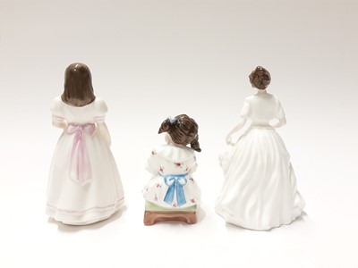 Lot 84 - Seven Royal Doulton figures - A Lady from Williamsburg HN2228, Boy from Williamsburg HN2183, Best Wishes HN3426, Storytime HN3695, Harmony HN4096, First Performance HN3605 and Top O' The Hill HN212...