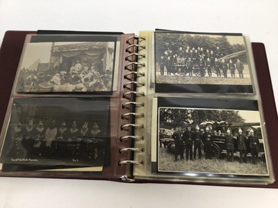 Lot 754 - Postcards in album mainly real photographic including Steam lorry, Long Melford Fire Brigade, other fire crews, Town Crier Aldeburgh,  Friston smithy, Wiseman Grocer shop front with staff Stutton,...