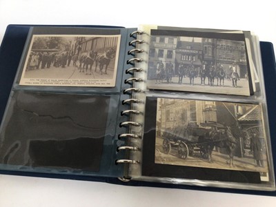 Lot 755 - Postcards in album mainly real photographic cards including  horse and coal cart, Mounted police Ipswich strike 1926, Maypole dairy shop front, teams of Suffolk horses, Royal Mail lorries, thatcher...