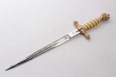 Lot 945 - Fine Second World War Nazi 1938 pattern Kreigsmarine Dress Dagger with etched polished steel blade by E.U.F Horster Solingen, wire bound cream celluloid grip and scarce, ornately decorated gilded s...