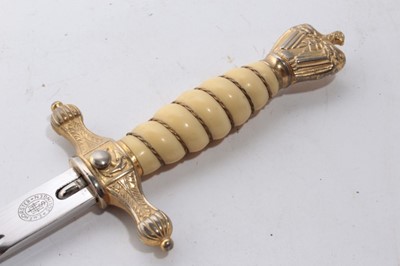 Lot 945 - Fine Second World War Nazi 1938 pattern Kreigsmarine Dress Dagger with etched polished steel blade by E.U.F Horster Solingen, wire bound cream celluloid grip and scarce, ornately decorated gilded s...