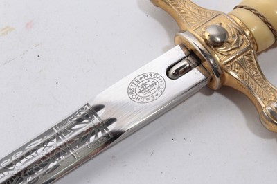 Lot 945 - Fine Second World War Nazi 1938 pattern Kreigsmarine Dress Dagger with etched polished steel blade by E.U.F Horster Solingen, wire bound cream celluloid grip and scarce, ornately decorated gilded s...