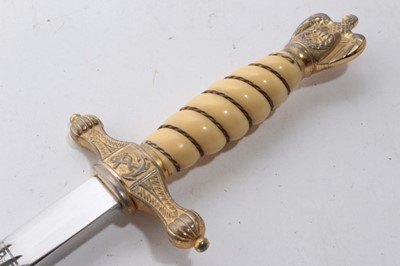 Lot 945 - Fine Second World War Nazi 1938 pattern Kreigsmarine Dress Dagger with etched polished steel blade by E.U.F Horster Solingen, wire bound cream celluloid grip and scarce, ornately decorated gilded s...