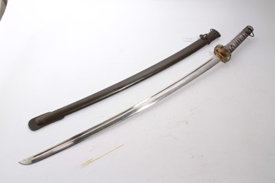 Lot 948 - Second World War Japanese N.C.O's Katana with cast alloy hilt, curved fullered blade, sharpened for active service, numbered 40608 in steel scabbard, also numbered 40608, blade 67.5cm in length