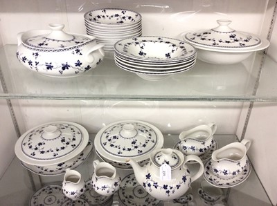 Lot 225 - Extensive Royal Doulton York Town dinner, tea and coffee service comprising 18 dinner plates, 18 dessert plates, 18 side plates, 6 soup plates, 12 dessert bowls, 4 lidded tureens, 4 ashets, pair of...