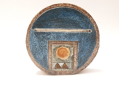 Lot 161 - Troika wheel vase with abstract decoration on brown and blue ground, 19.5cm high, 20cm wide